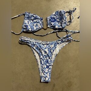 Shein White and Blue Patterned Bikini Top & Bottom